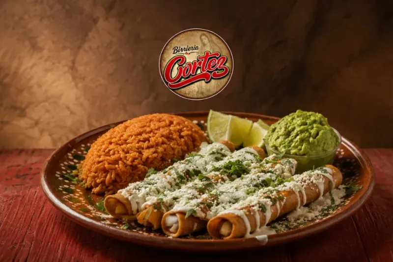 A clay plate of Birrieria y Taqueria Cortez birria flautas topped with cotija cheese, cilantro and crema, served with Mexican red rice, lime and guacamole, beneath the Birrieria Cortez logo