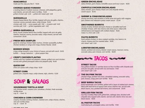 Pink Taco Boston food menu page 1 listing appetizers, soups, salads, enchiladas, burritos, and tacos with descriptions, options, and prices
