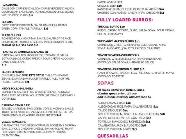 Printed El Torero menu page listing entrées, combination plates, burros & chimis, fully loaded burros, sopas and quesadillas with prices