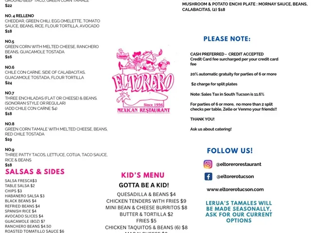 Printed El Torero menu page listing combos, enchiladas, salsas & sides and the kid's menu with prices