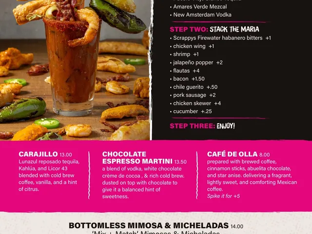 Pink Taco Boston brunch menu page 2 listing the build-your-own Bloody Maria, spirit and garnish choices, coffee cocktails, mocktails, and fountain drinks with prices