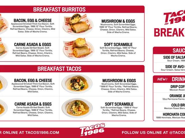 Tacos 1986 breakfast menu board with breakfast burritos, tacos, sauces, and drinks