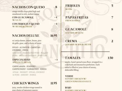 Taqueria Juanchito menu page 1: Appetizers and sides, including nachos and tamales, with prices and choices