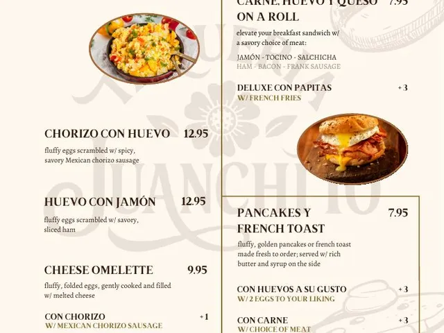 Taqueria Juanchito menu page 2: Breakfast plates and sandwiches, with prices and add-ons