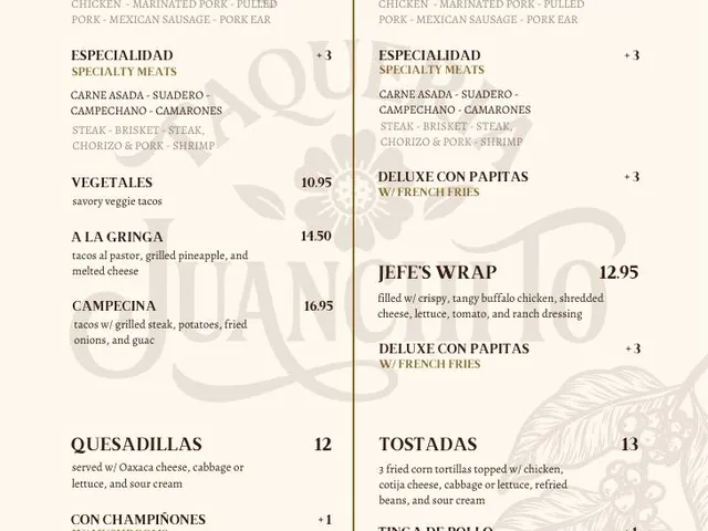 Taqueria Juanchito menu page 3: Traditional tacos, quesadillas, burritos and tostadas, with prices and meat choices