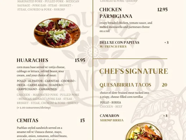 Taqueria Juanchito menu page 4: Gorditas, huaraches, tortas, cemitas and quesabirria, with prices and choices
