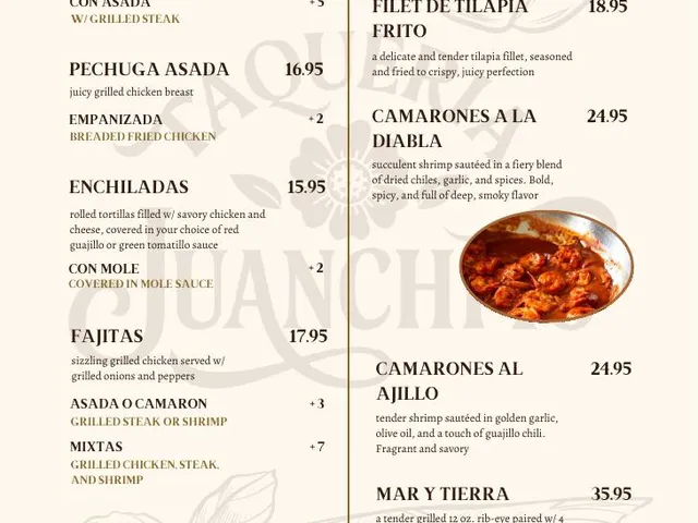 Taqueria Juanchito menu page 5: Entrées including fajitas, enchiladas and seafood, with prices and add-ons