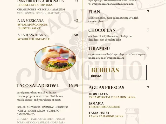 Taqueria Juanchito menu page 6: Fusion dishes, desserts and drinks, with prices and choices