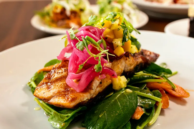 Zócalo's Salmon con Mango — a grilled salmon fillet with a mango glaze, tropical pico de gallo and pickled red onions over a spinach and carrot salad on a white plate