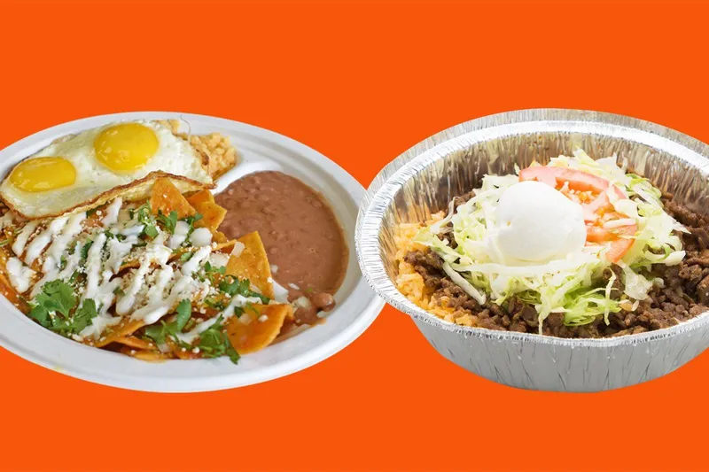 A plate of chilaquiles topped with two fried eggs, crema and cotija with rice and refried beans beside a carne asada rice bowl, from Pineda Tacos in Minneapolis