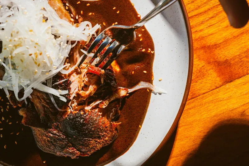Wood-fired chicken in mole sauce topped with shaved radish and sesame seeds at Cruz Blanca in Chicago